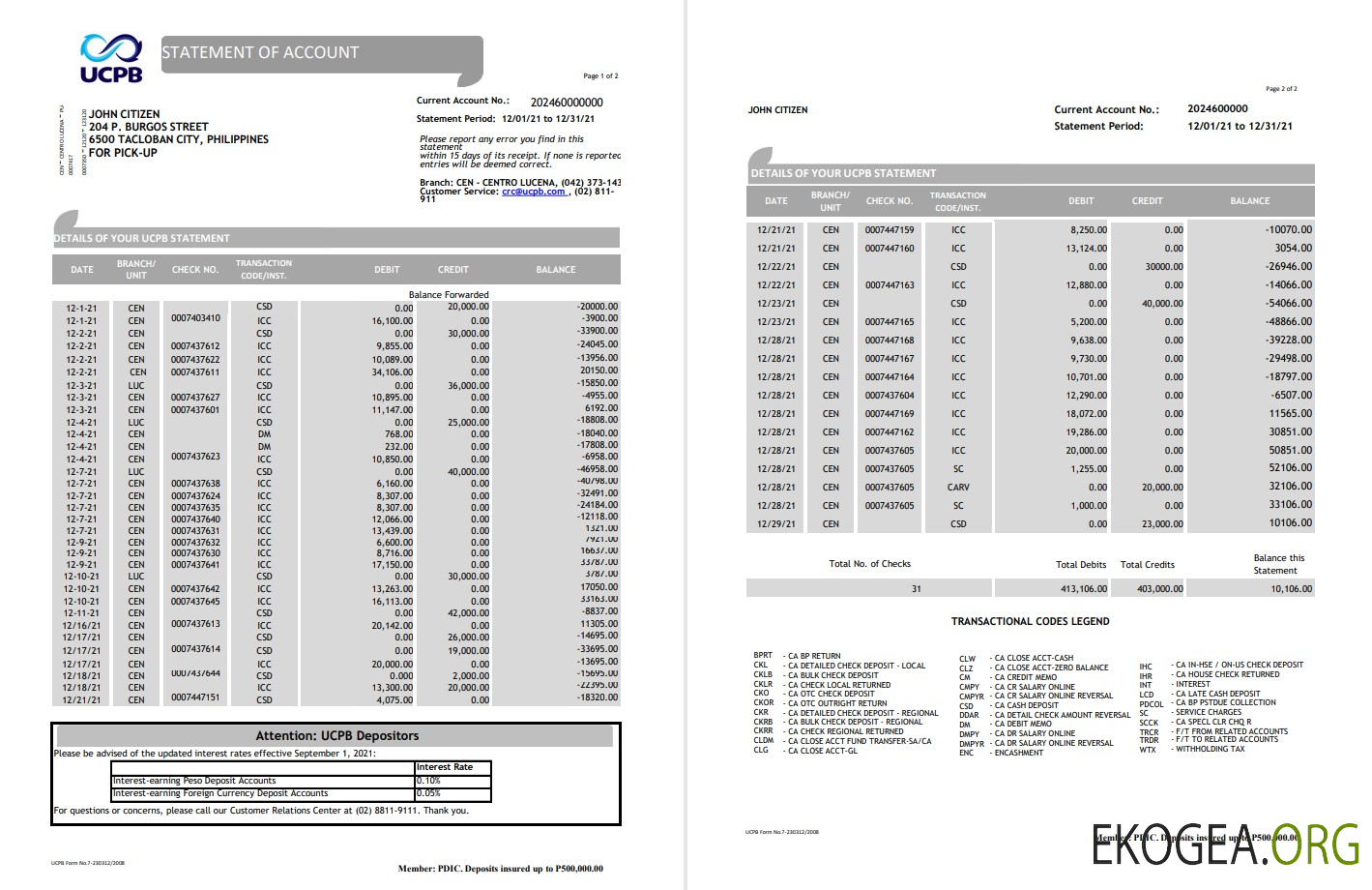Relevé bancaire de l'UCPB aux Philippines